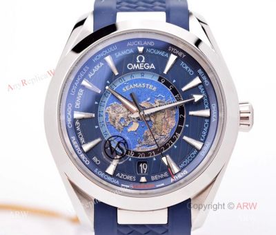 (VS Factory) Swiss Replica Omega Aqua Terra Blue Worldtimer Rubber Band Watch For Men